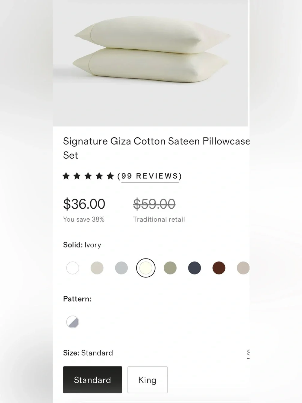 NWOT Quince Signature Giza 100% Cotton Sateen Pillowcase Set, Standard (Ivory)